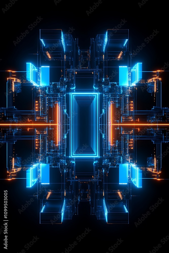 Poster futuristic technology background with glowing blue and orange structures representing digital innova