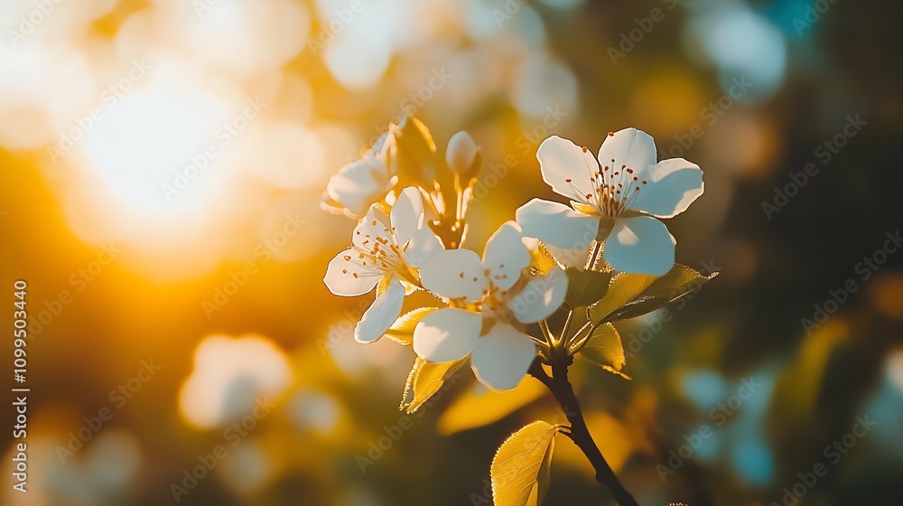 Poster gentle spring blooms caught in the golden glow of a restful evening light : generative ai