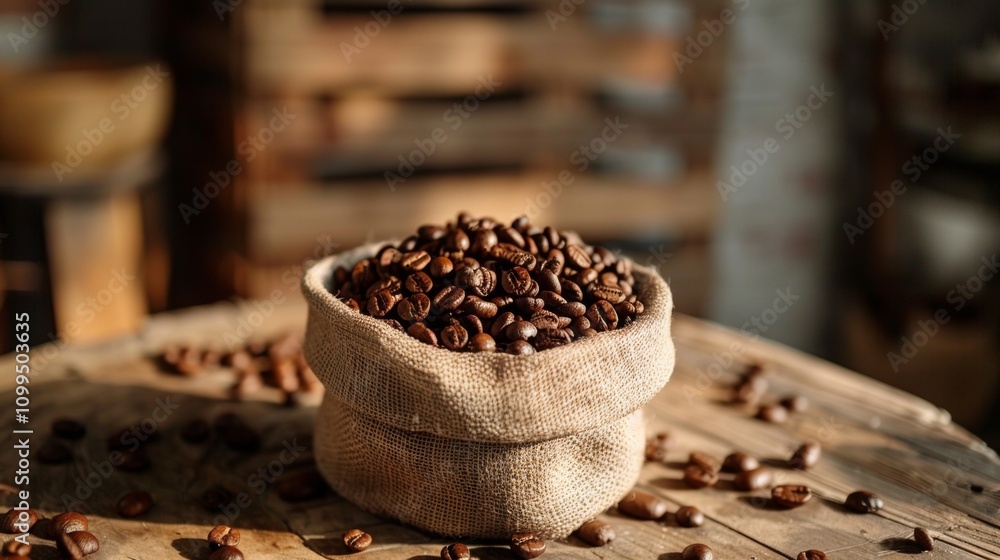 Poster hessian sack filled with coffee beans in rustic setting