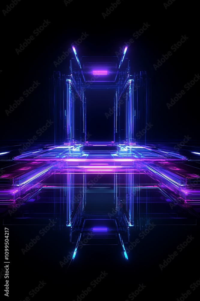 Poster neon light tunnel with glossy surfaces and reflections in abstract style, creating a digital landsca
