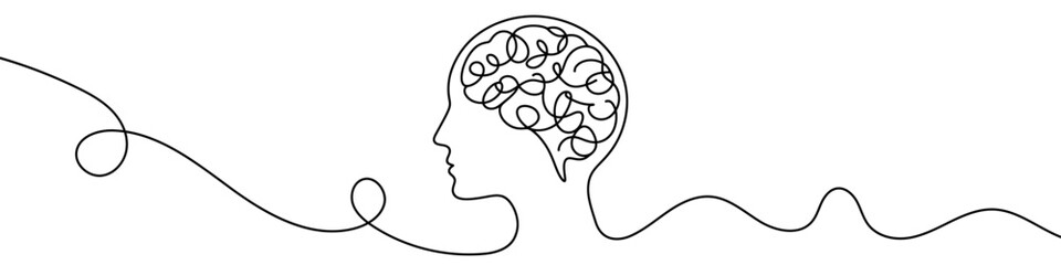 Continuous line drawing representing human head with brain waves symbolizing mental health, psychology, and creativity