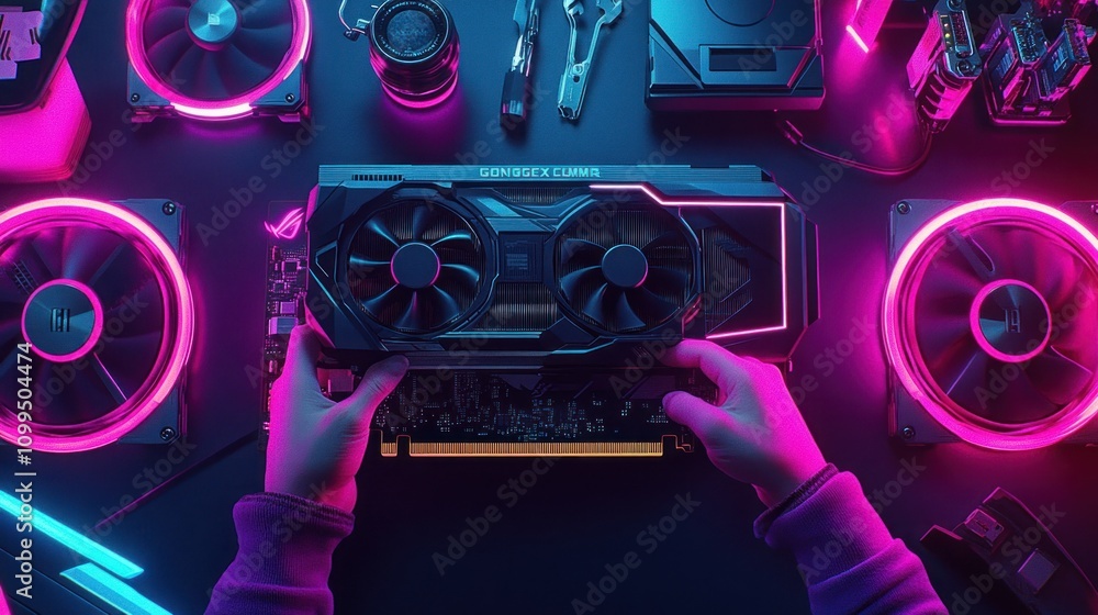 Aufkleber a person assembling a graphics card amidst computer hardware and tools in a neon-lit workspace.
