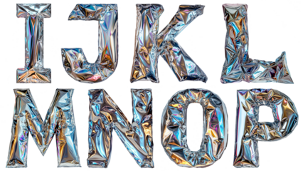 Metallic balloon letters from I to P with holographic shine cut out on transparent background  