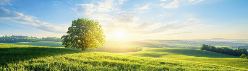 lone tree stands in sunlit, rolling green landscape, evoking sense of peace and tranquility. horizon stretches under clear blue sky, with sunlight casting long shadows