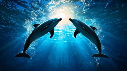 Naklejka premium Two Dolphins Swimming in a Crystal Clear Ocean Under Glowing Light, Capturing the Beauty of Marine Life and the Serenity of Underwater Scenes