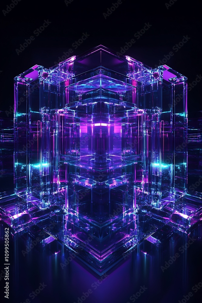 Aufkleber vibrant abstract geometry with neon glow and crystal-like structures in a futuristic dark environmen