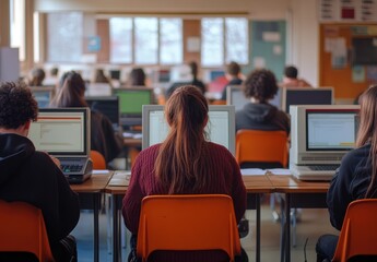Obraz premium Students engaged in a computer lab session, focused on their screens.