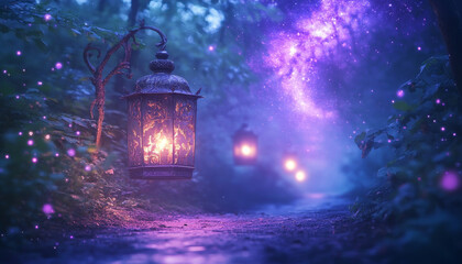 mystical path illuminated by glowing lanterns under starry, purple sky, creating enchanting atmosphere