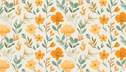 Cheerful and natural design, seamless floral pattern with blooming orange flowers and green leaves on a beige background