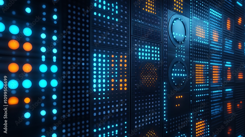 Poster vibrant digital background with blue and orange lights displaying patterns on a dark surface for tec