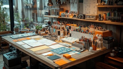 Obraz premium A well-organized workspace with a wooden desk, various art supplies, and natural light coming through a window.