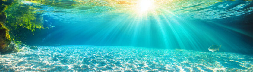 Fototapeta premium Sunlight streams through clear water, illuminating sandy riverbed and creating serene underwater scene. fish swims peacefully, adding life to tranquil aquatic environment