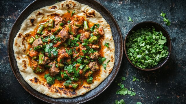Sudanese kisra flatbread with okra stew and spiced lamb sudan culinary delight home kitchen close-up traditional cuisine