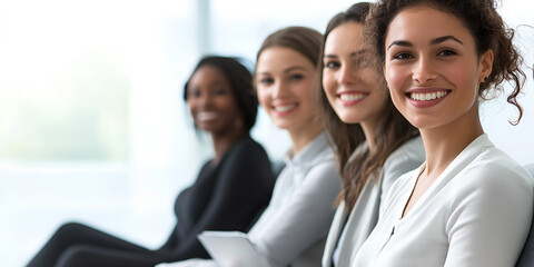 Obraz premium Confident and Successful Women: Portrait of four diverse businesswomen, radiating confidence and success, sitting together in a modern office setting.