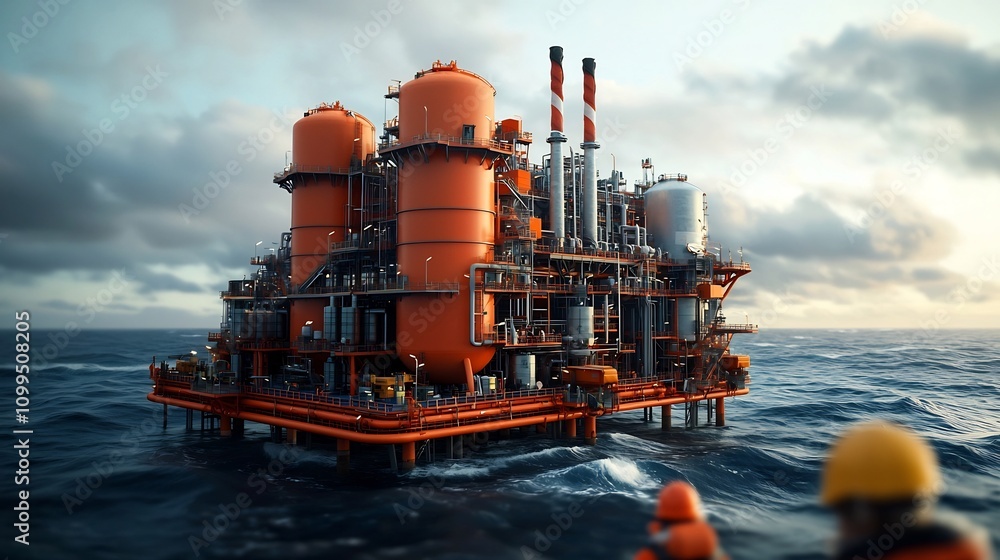Poster massive offshore floating lng terminal processing natural gas from subsea wells gigantic platform st