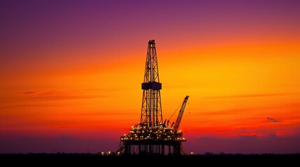 Obraz premium petroleum oil and distribution concept, A silhouette of an oil drilling rig against a vibrant sunset, showcasing the intersection of industry and nature.