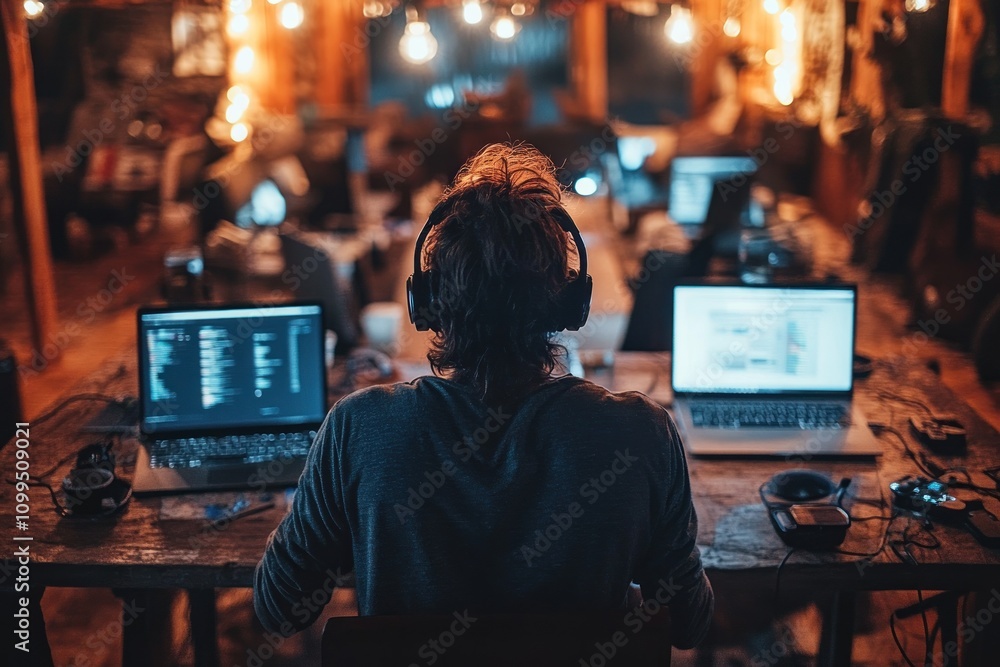 Poster a programmer sits at a desk with two laptops, headphones on, in a dimly lit room with string lights.