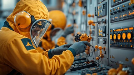 Offshore instrumentation technicians in protective gear calibrating and testing intricate control systems and electronic components on complex industrial machinery and equipment in an offshore energy