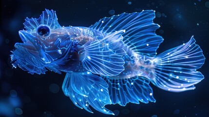 Glowing blue fish with intricate details, dark background.