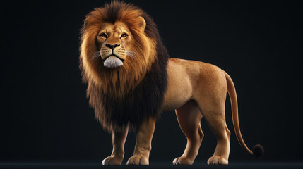 Obraz premium Majestic lion with thick mane standing confidently against dark background, showcasing its powerful presence and regal demeanor
