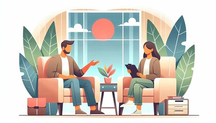 Therapist and client in a serene therapy session with neutral tones and indoor setting with plant decor