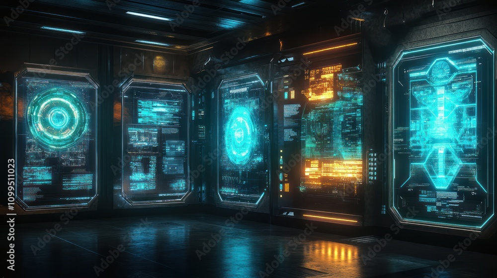 Poster futuristic server room with glowing holographic displays showing data and schematics.