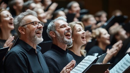 Group of diverse choir members passionately singing together holding sheet music, dressed in black attire with expressions of joy and engagement in a choral performance setting.