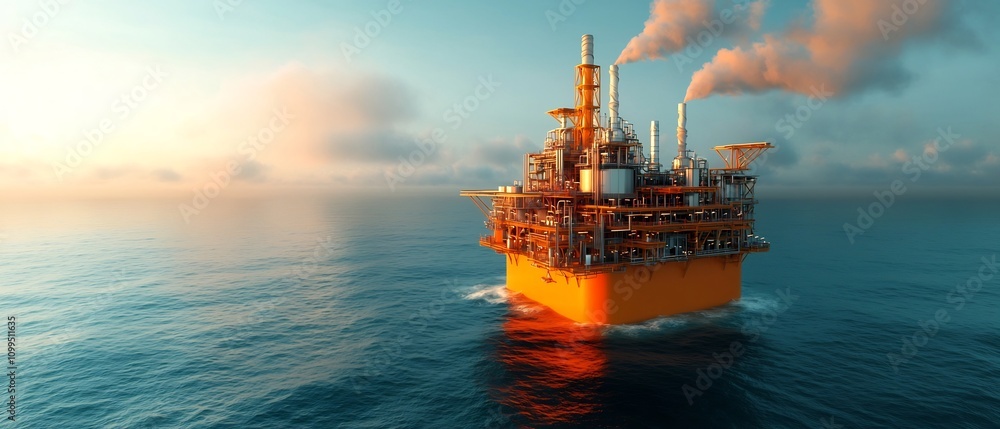 Poster colossal offshore natural gas liquefaction plant floating atop the open ocean towering modular struc
