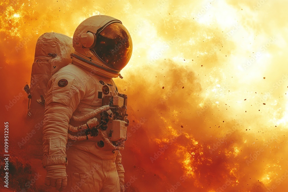 Poster an astronaut stands in front of a fiery orange sky, likely a depiction of the planet mars, represent