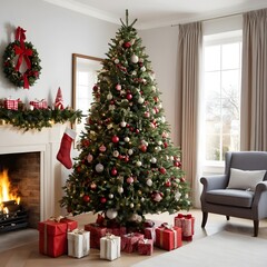 interior Christmas Tree with Decorations, Christmas tree with gifts