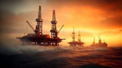 Obraz premium Dramatic sunset view of an offshore oil terminal with rusting metal platforms cranes and loading tankers silhouetted against an orange sky