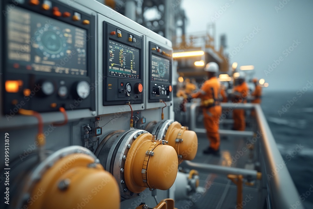 Poster a team of skilled instrumentation technicians in bright safety uniforms diligently inspecting and ad