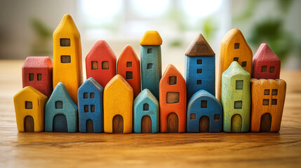 A miniature city with colorful houses