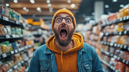 Fototapeta premium Surprised man in orange hat and glasses with open mouth inside a grocery store aisle wearing a denim jacket and orange sweater, surrounded by blurred shelves