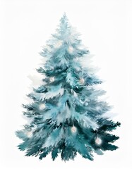 Fototapeta premium Festive Teal Watercolor Christmas Tree with Lights Ornaments