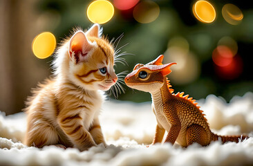 A cheerful kitten meets a playful dragon figurine during the festive holiday season, bringing joy and wonder to Christmas and New Year celebrations