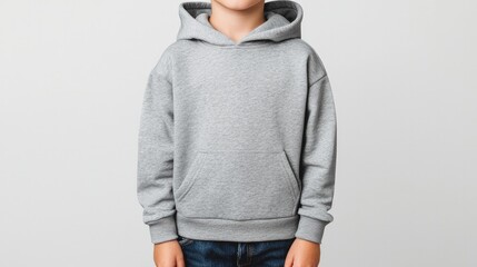 Mockup Kids Pullover Hoodies. A young child wearing a gray hoodie stands against a neutral background, showcasing a casual and comfortable style.