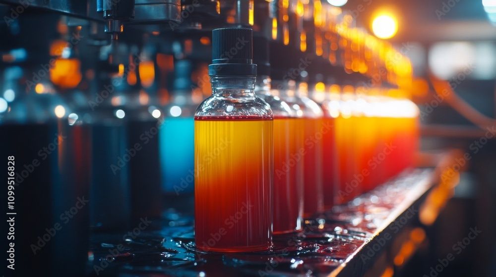 Poster automated bottling line filling colorful liquid bottles