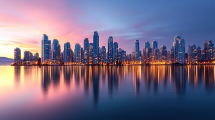 Obraz premium Stunning skyline reflection at dusk in a vibrant city
