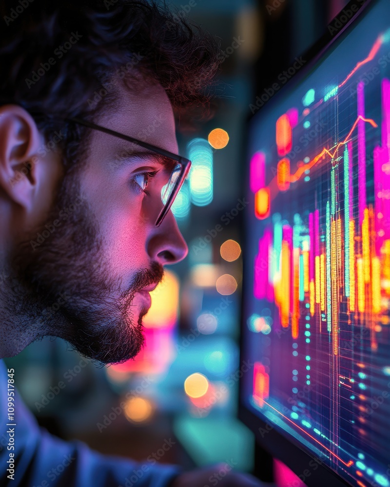 Poster intense focus of a young caucasian man analyzing vibrant data on a computer screen.