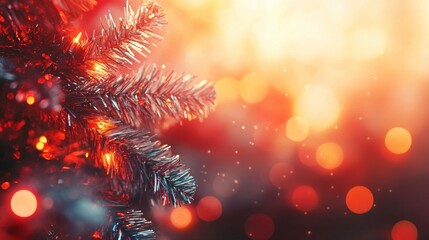 Festive Christmas Tree Branch With Lights And Bokeh