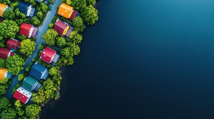 Aerial view of colorful houses by a serene lake