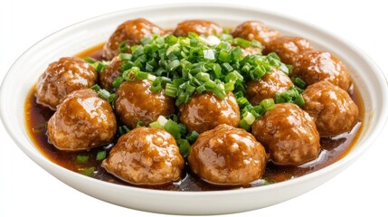 Fototapeta premium Porkballs in a rich broth, garnished with green onions, with a clean white background for focus.