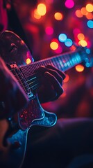 Naklejka premium Close-up of hands playing electric guitar on stage with colorful bokeh lights.