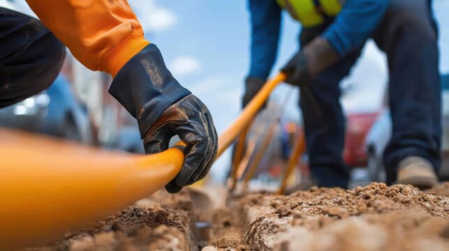 Technicians installing fiber optic cables under a city street, fiber optic installation, urban communication network setup