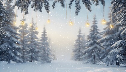 Snowy Forest Scene with Evergreen Trees Covered in Snow and Soft Golden Lights