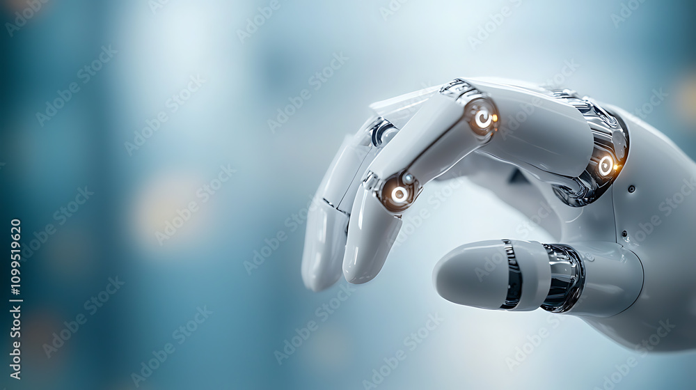 Poster robotic hand interaction modern technology lab holographic display environment futuristic viewpoint 
