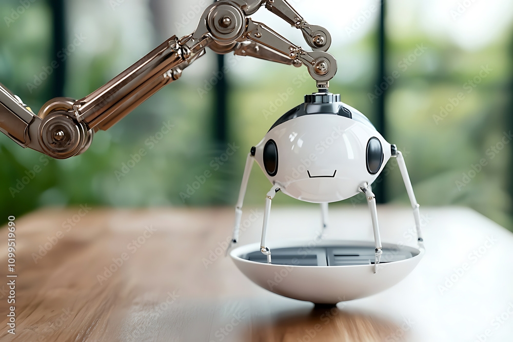 Poster innovative ai robot arm manipulating floating drone modern office space technology showcase indoor e