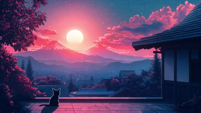 retro cat anime in front of sunset 