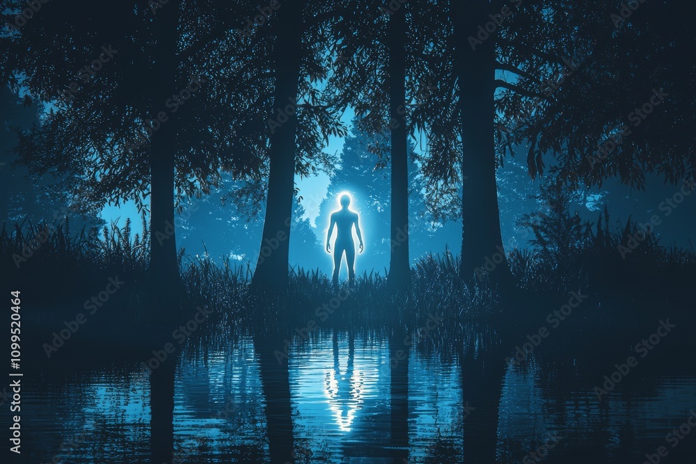 Poster Biopunk holography a hologram of a man standing in the middle of a forest with a light shining on him